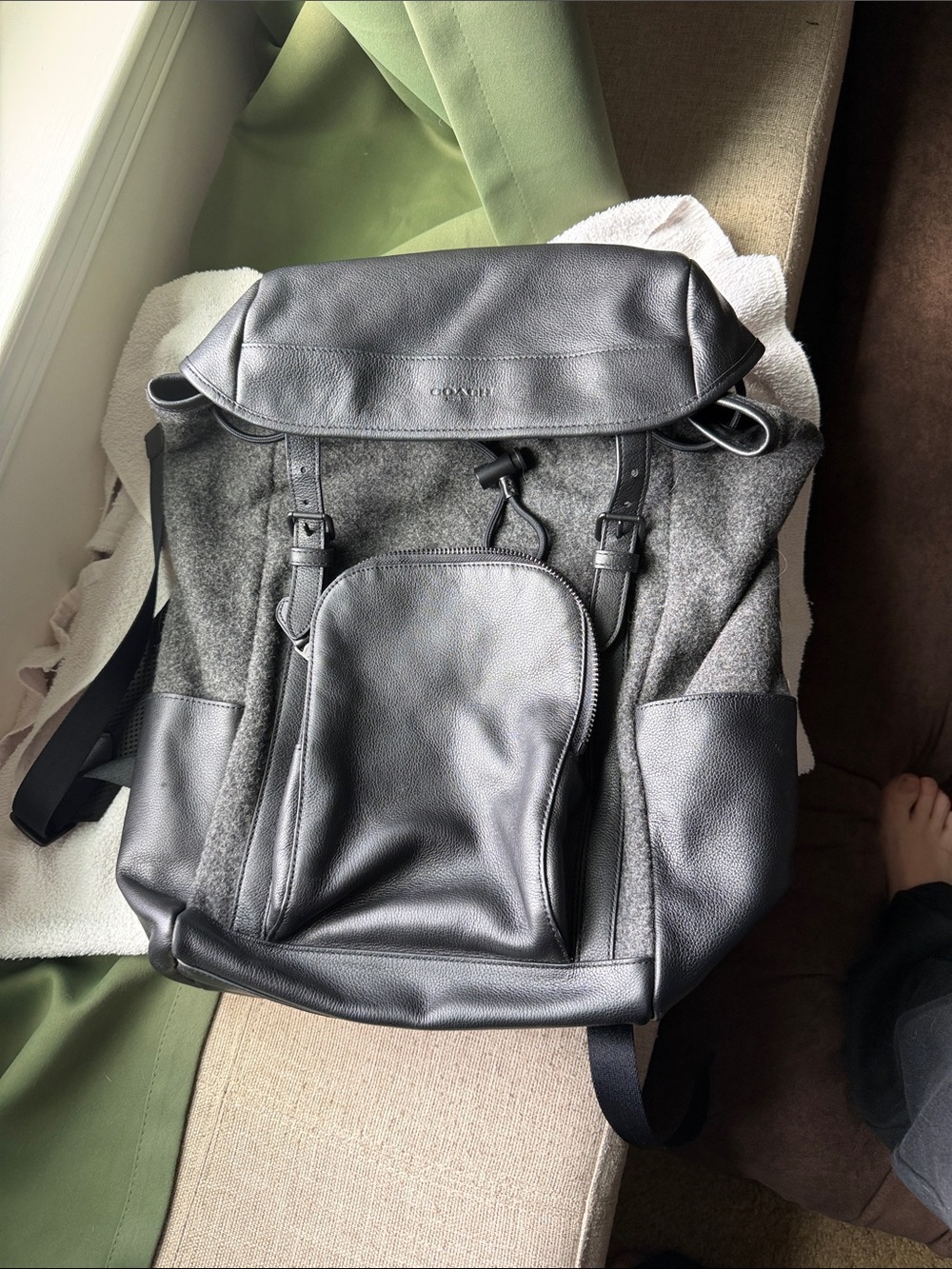 Coach Men’s Black Leather and Gray Wool Backpack
